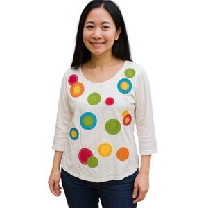 Talbots Petites White 3/4 Sleeve Top Multicolored Embroidered Circles Sz Medium